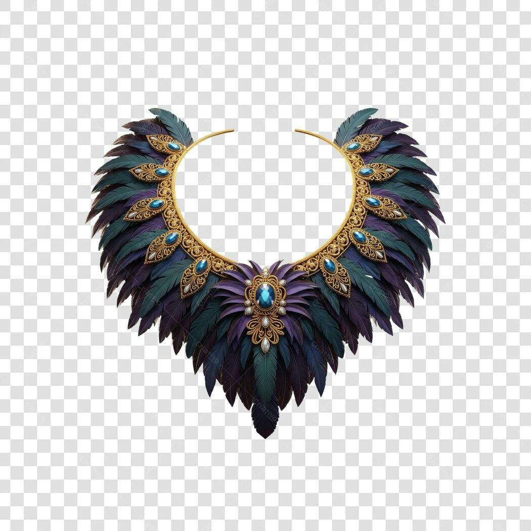 Elemento de Design Colar de Penas Luxuoso Roxo Azul Dourado PNG com fundo transparente