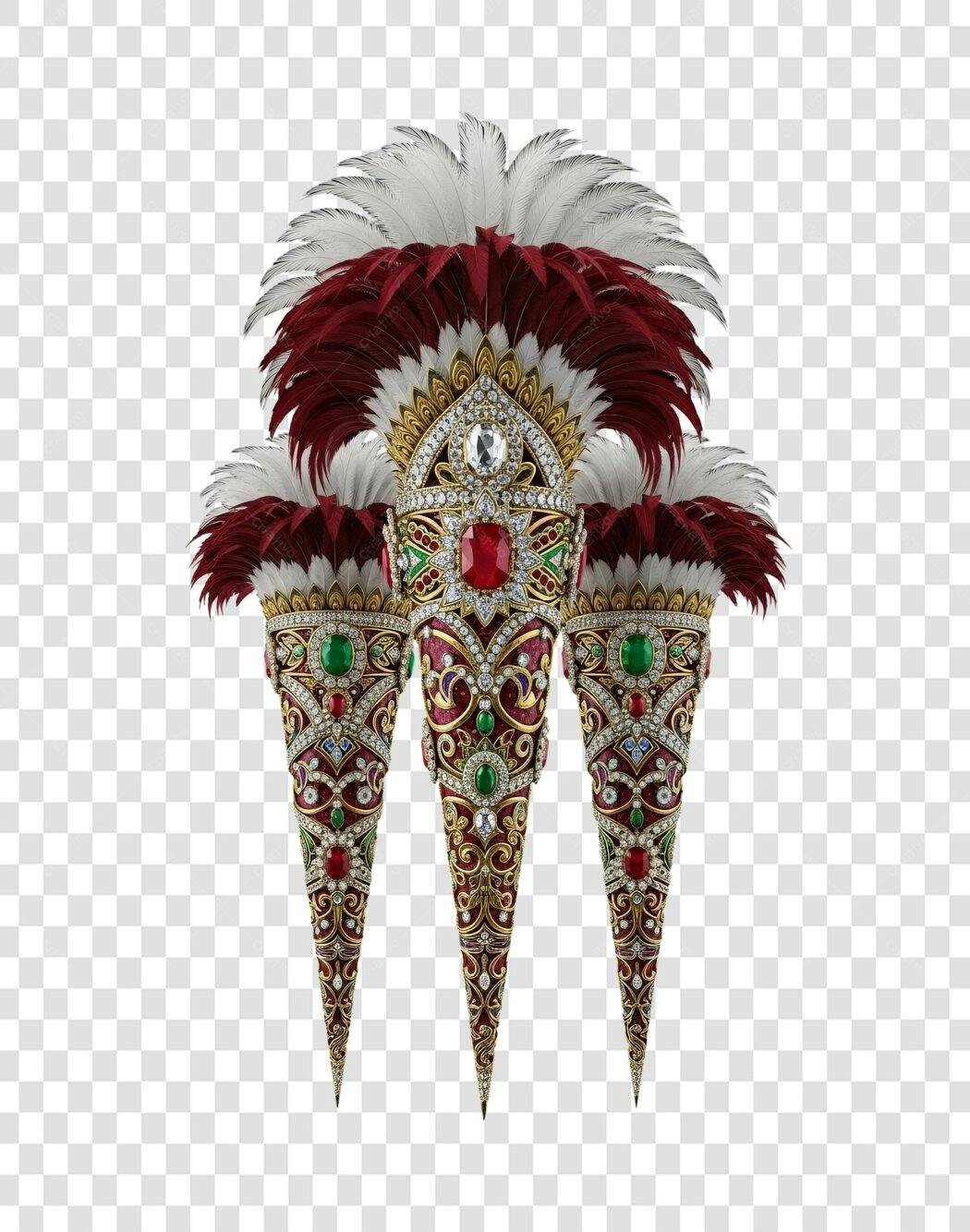 Ilustração Cocar Real Joias Douradas Penas Vermelhas Brancas PNG com fundo transparente