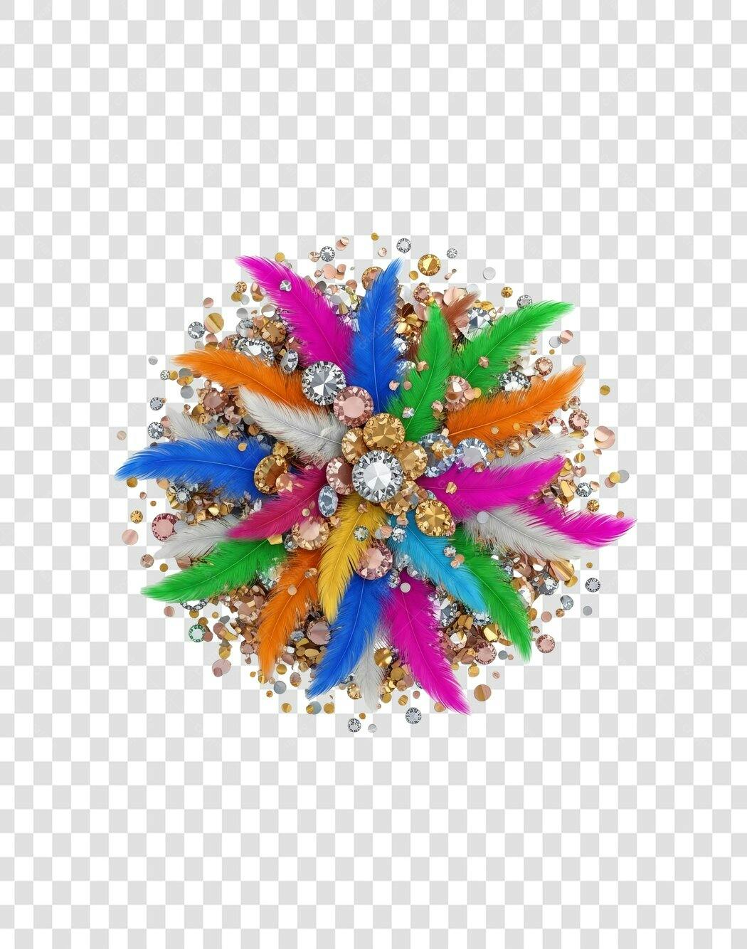 Elemento decorativo festivo Carnaval plumas diamantes glitter colorido PNG com fundo transparente