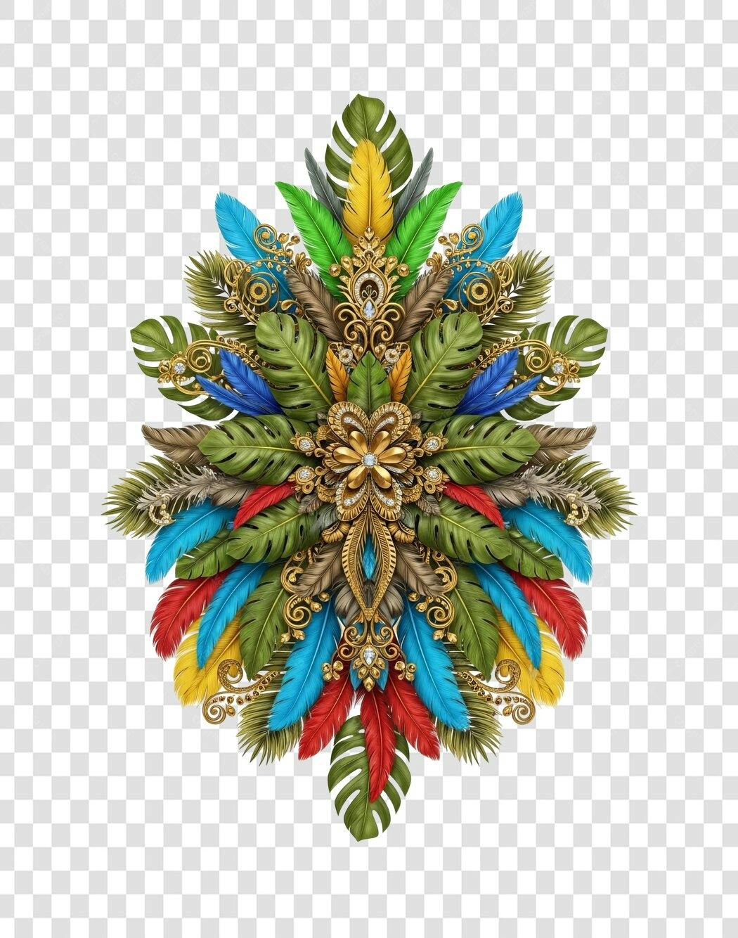 Elemento decorativo tropical luxuoso penas coloridas dourado e folhas PNG com fundo transparente