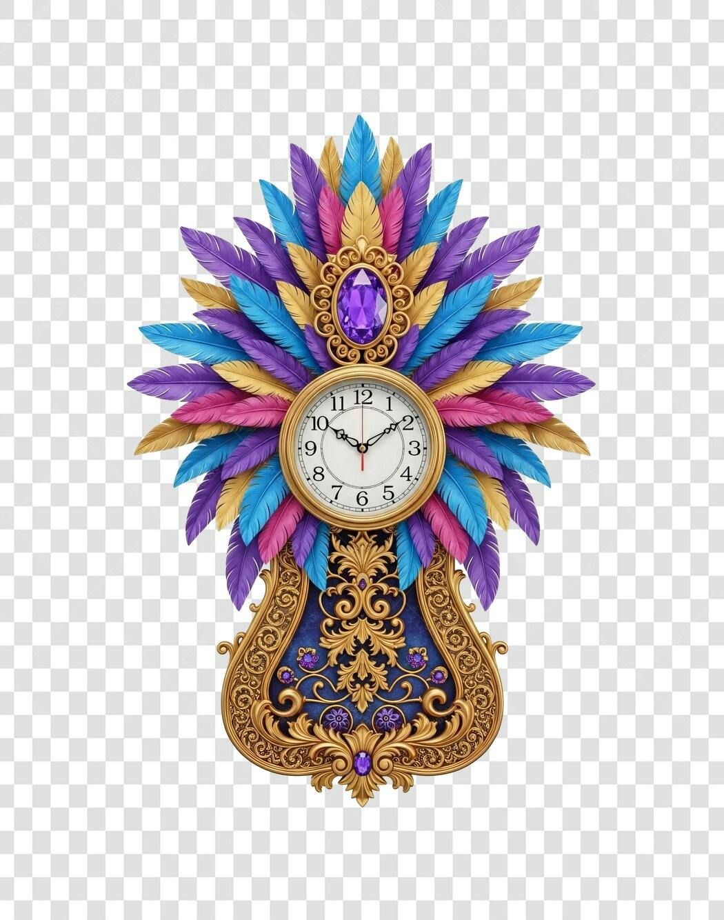 Relógio ornamental luxuoso com penas coloridas PNG com fundo transparente