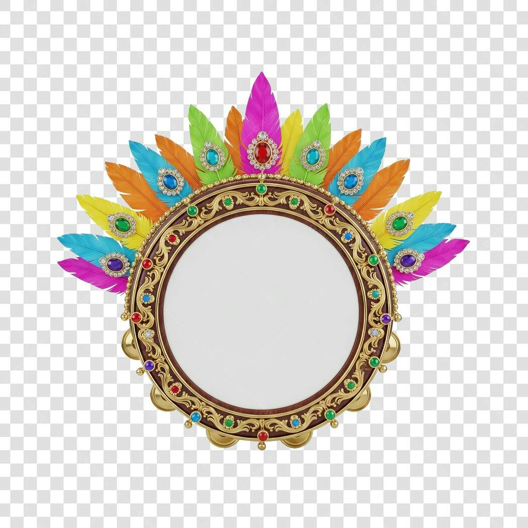 Moldura Carnaval Tamborim Penas Coloridas Joias Douradas PNG com fundo transparente