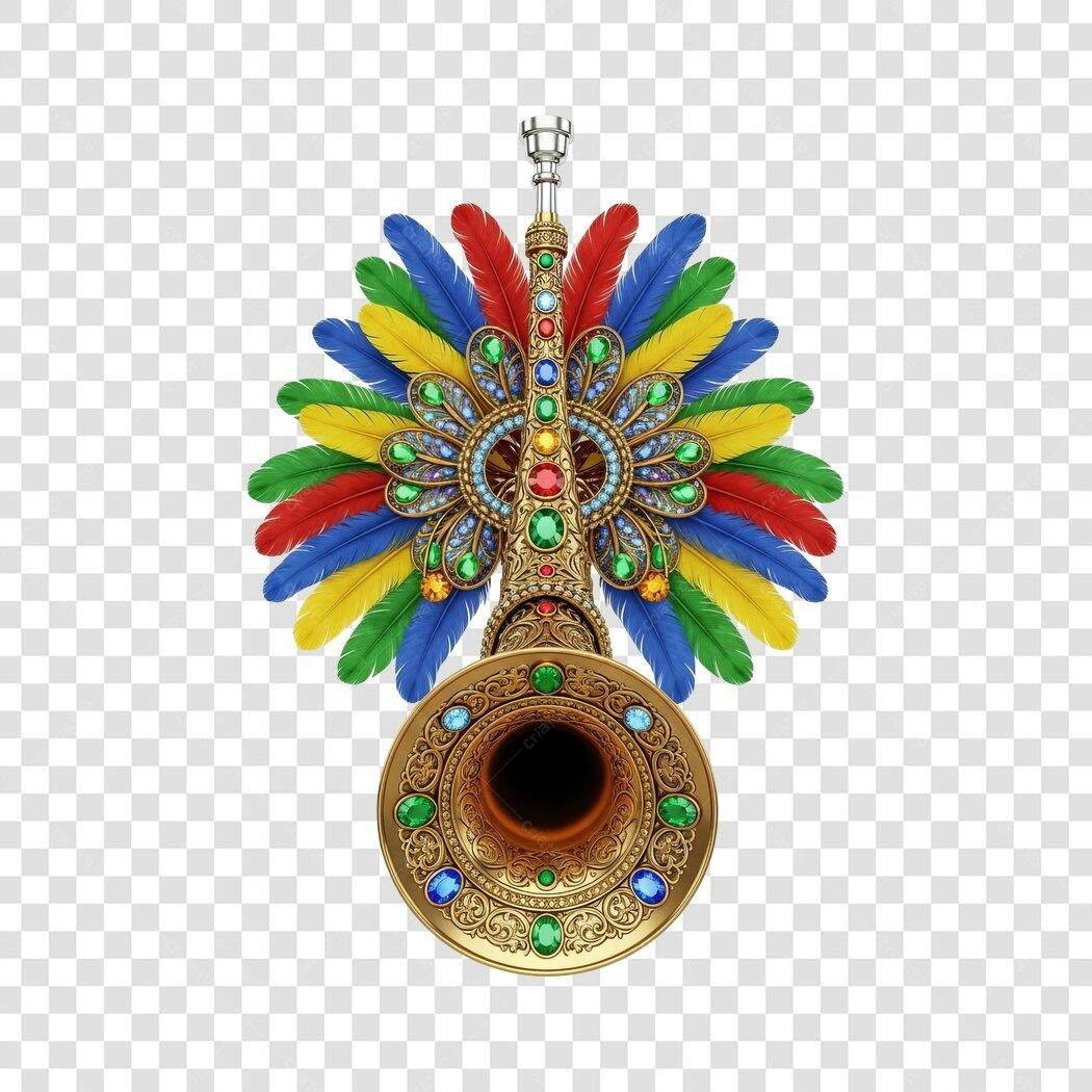 Elemento Gráfico Trombeta de Carnaval com Penas Coloridas e Joias Douradas PNG com fundo transparente