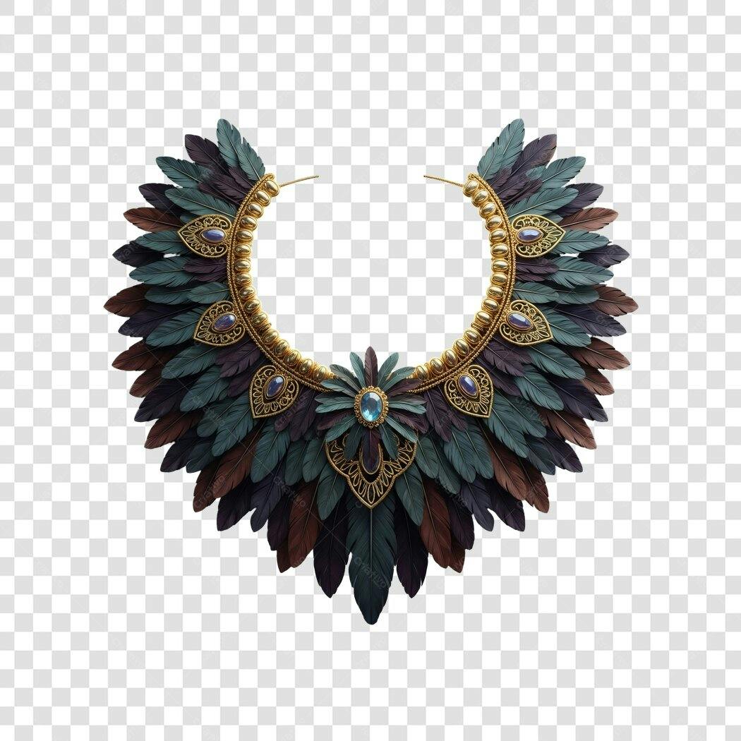 Colar tribal de penas e ouro com joias azuis PNG com fundo transparente