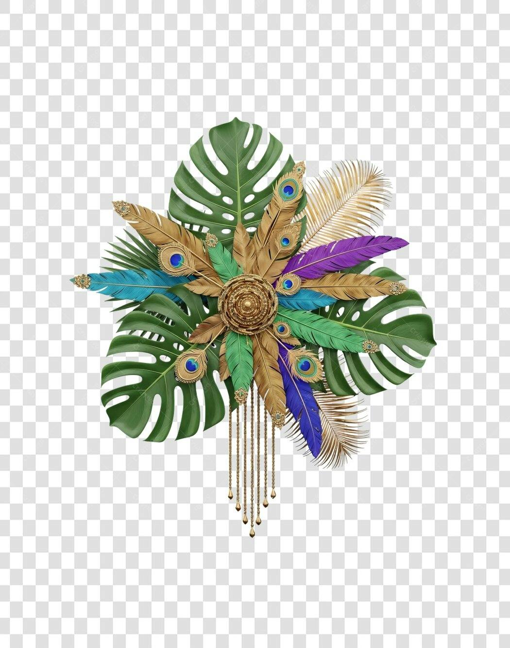 Elemento de Design Festivo com Penas Coloridas e Folhas Tropicais PNG com fundo transparente