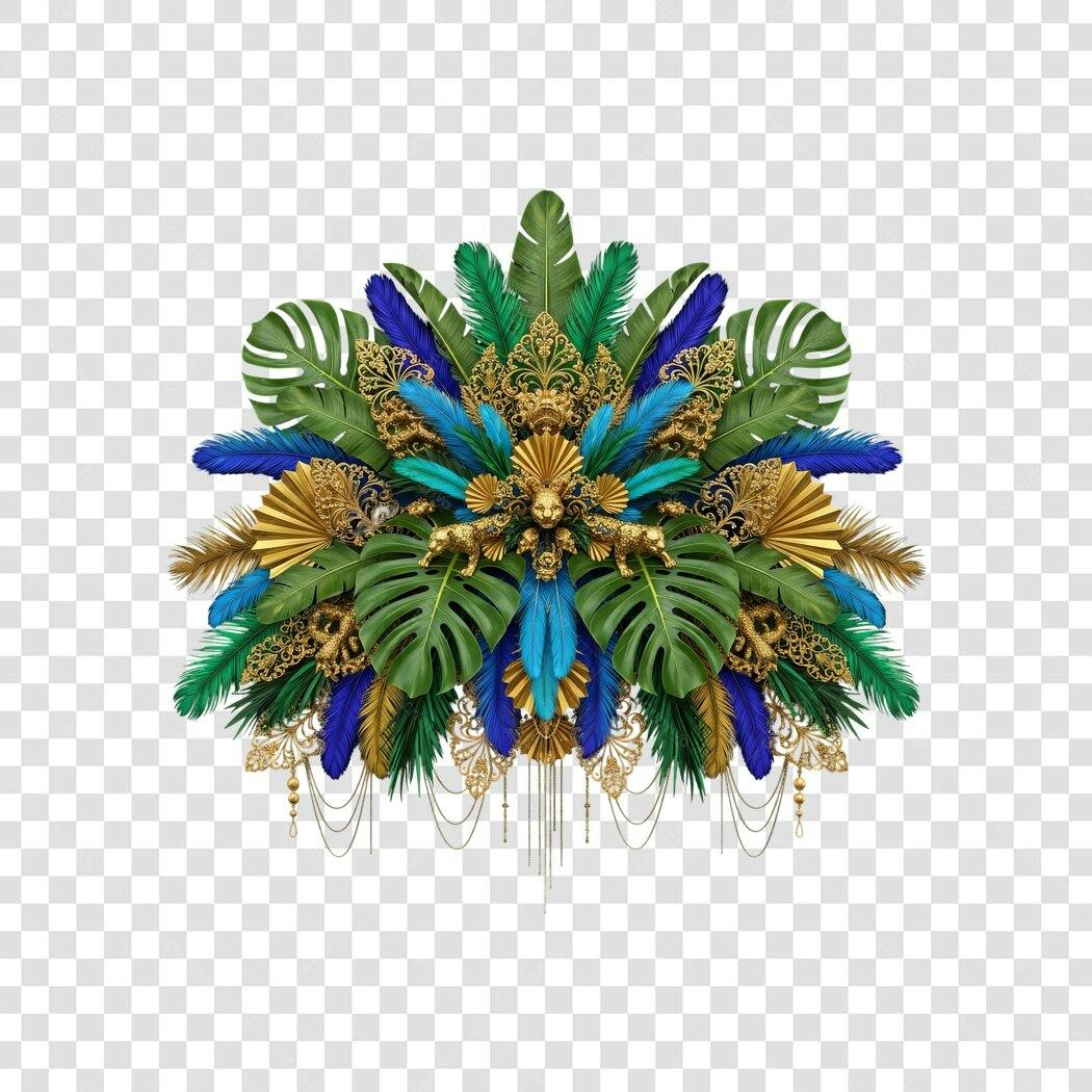 Elemento Gráfico Carnaval Tropical Luxuoso Jaguares Dourados Azul Verde PNG com fundo transparente