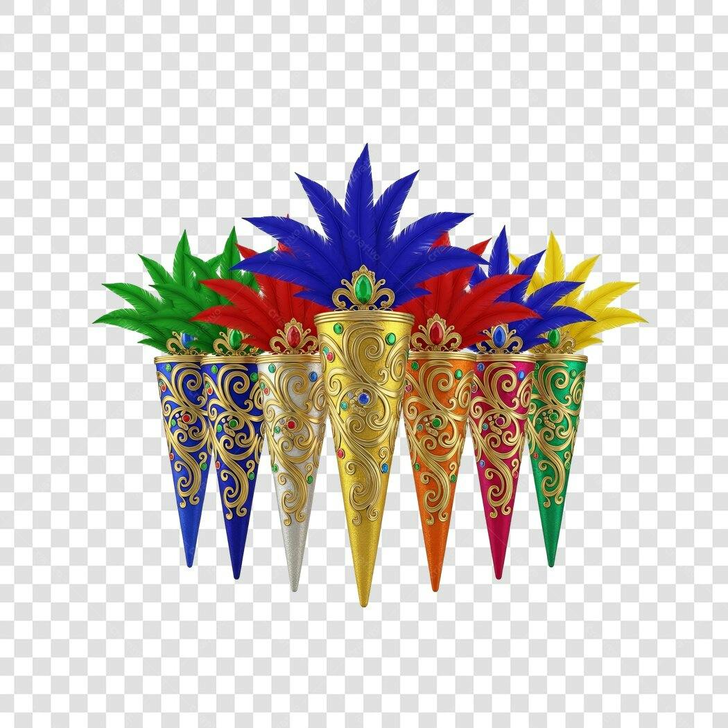 Ilustração para Carnaval Penas Coloridas Cones Dourados PNG com fundo transparente