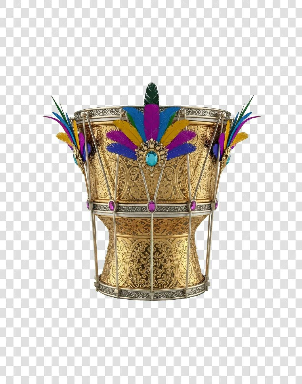 Elemento Gráfico Tambor Dourado Carnaval Penas Coloridas PNG com Fundo Transparente