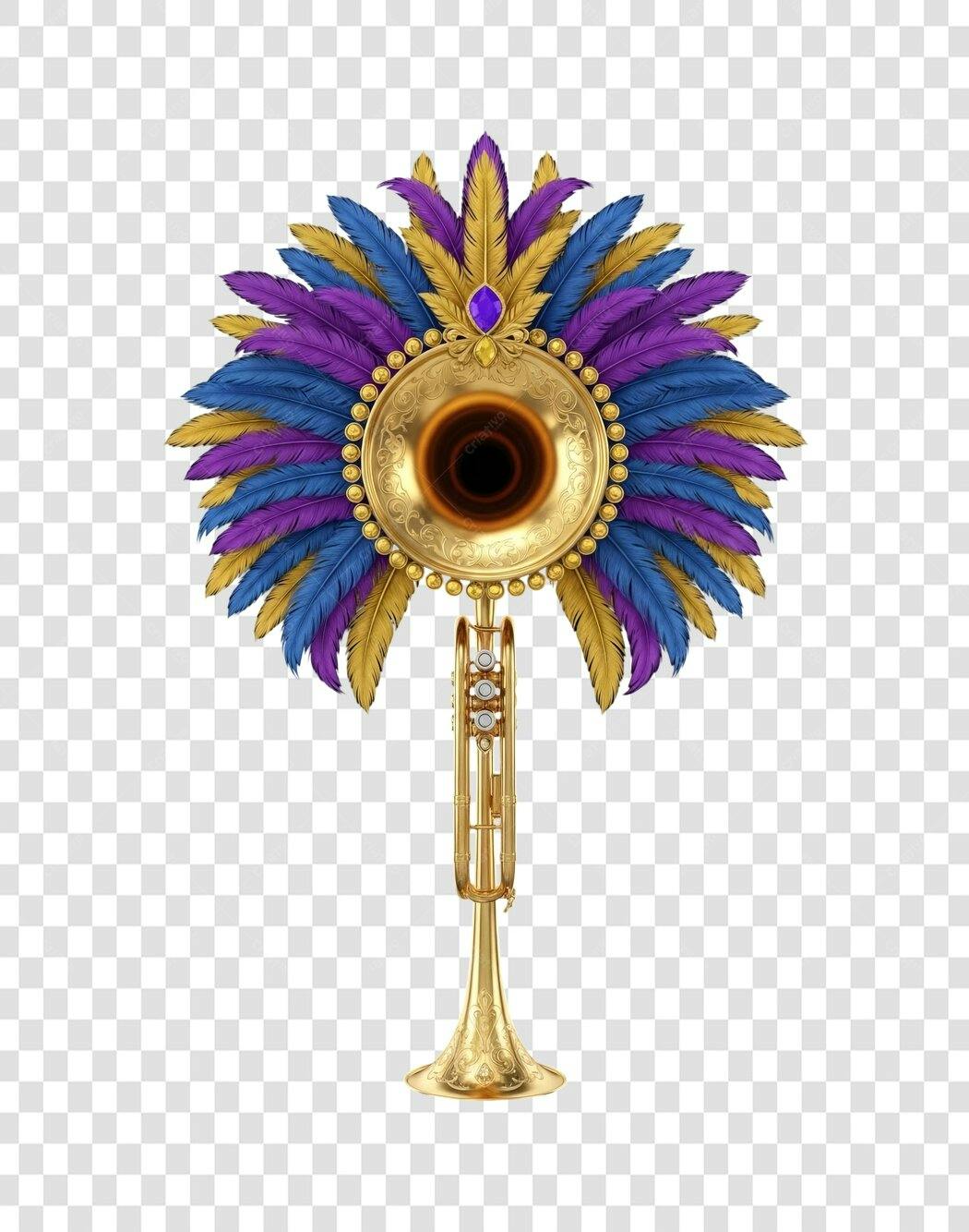Ícone Carnaval Mardi Gras Trompete Dourado Penas Roxas Azuis PNG com Fundo Transparente