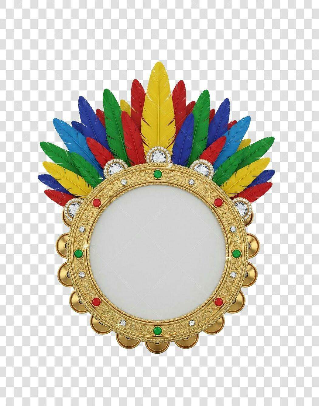 Moldura de Carnaval Brasileira Dourada com Penas Coloridas PNG com fundo transparente