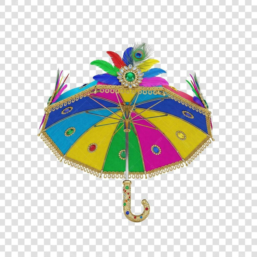 Elemento decorativo Guarda-chuva colorido penas pavão joias douradas PNG com fundo transparente
