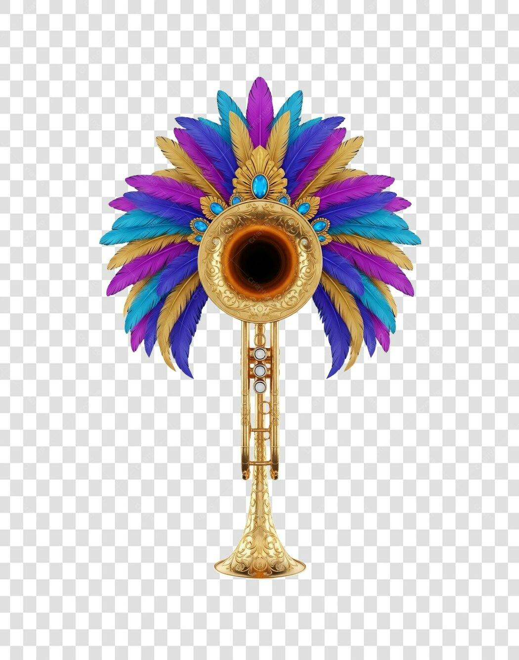 Ilustração Trompete Dourado Penas Roxas Azuis Carnaval Mardi Gras PNG com fundo transparente