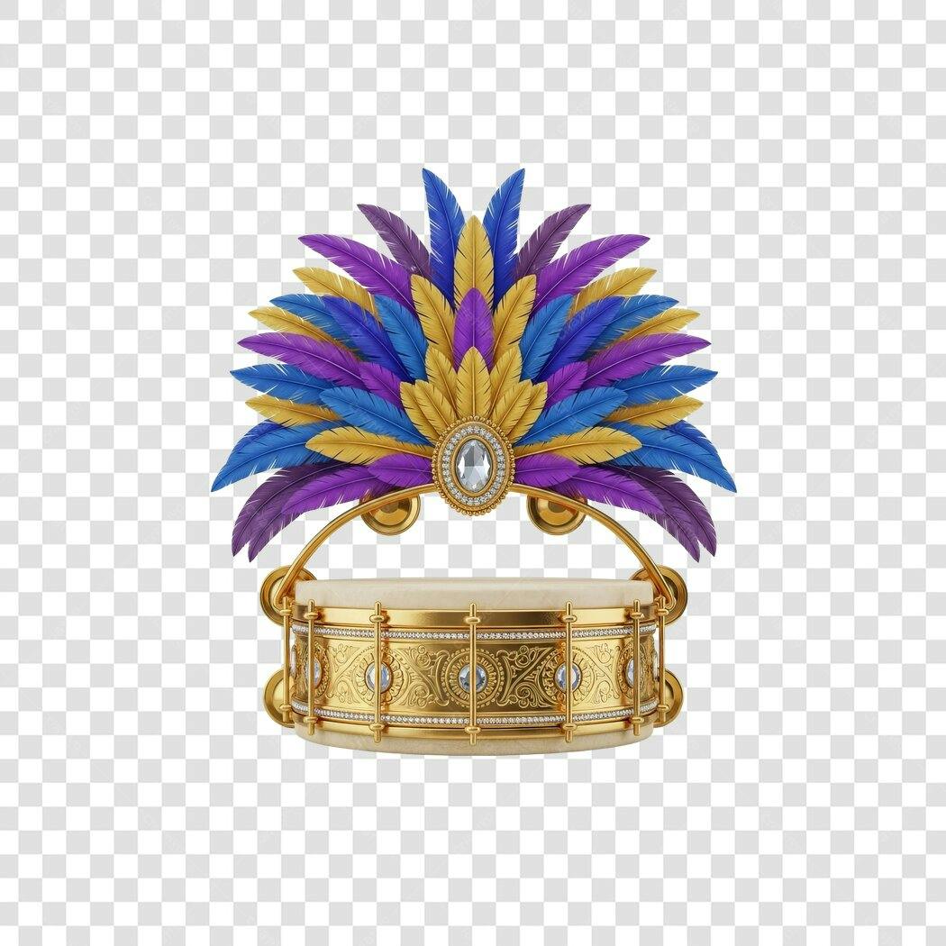 Elemento Gráfico de Carnaval Pandeiro e Penas PNG com fundo transparente
