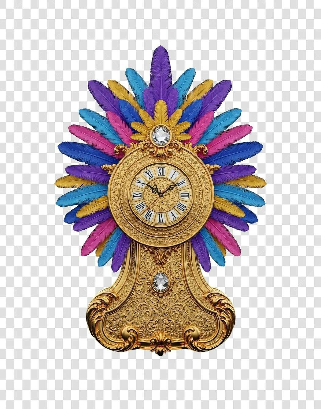 Relógio dourado barroco penas coloridas celebração PNG com fundo transparente