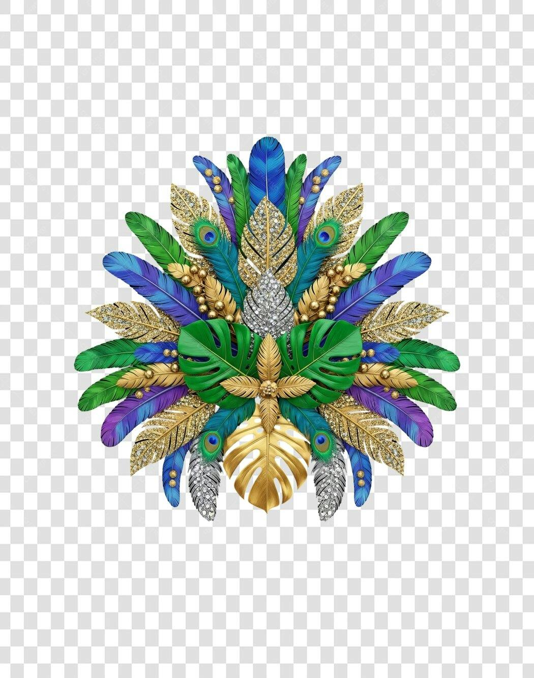 Elemento Gráfico Carnaval Mardi Gras Penas e Folhas Douradas PNG com fundo transparente