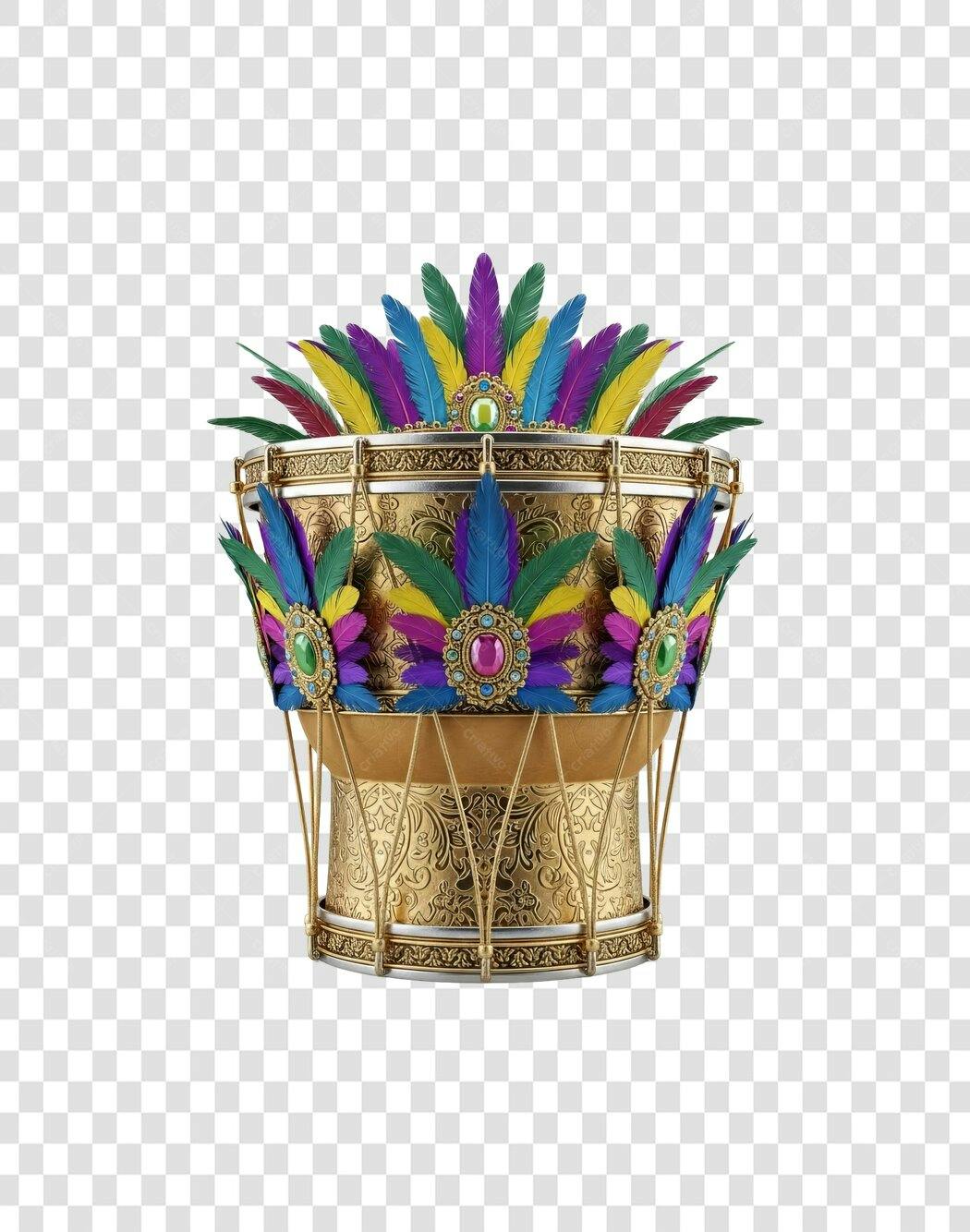 Tambor de Carnaval com Penas Coloridas e Joias Douradas PNG com fundo transparente