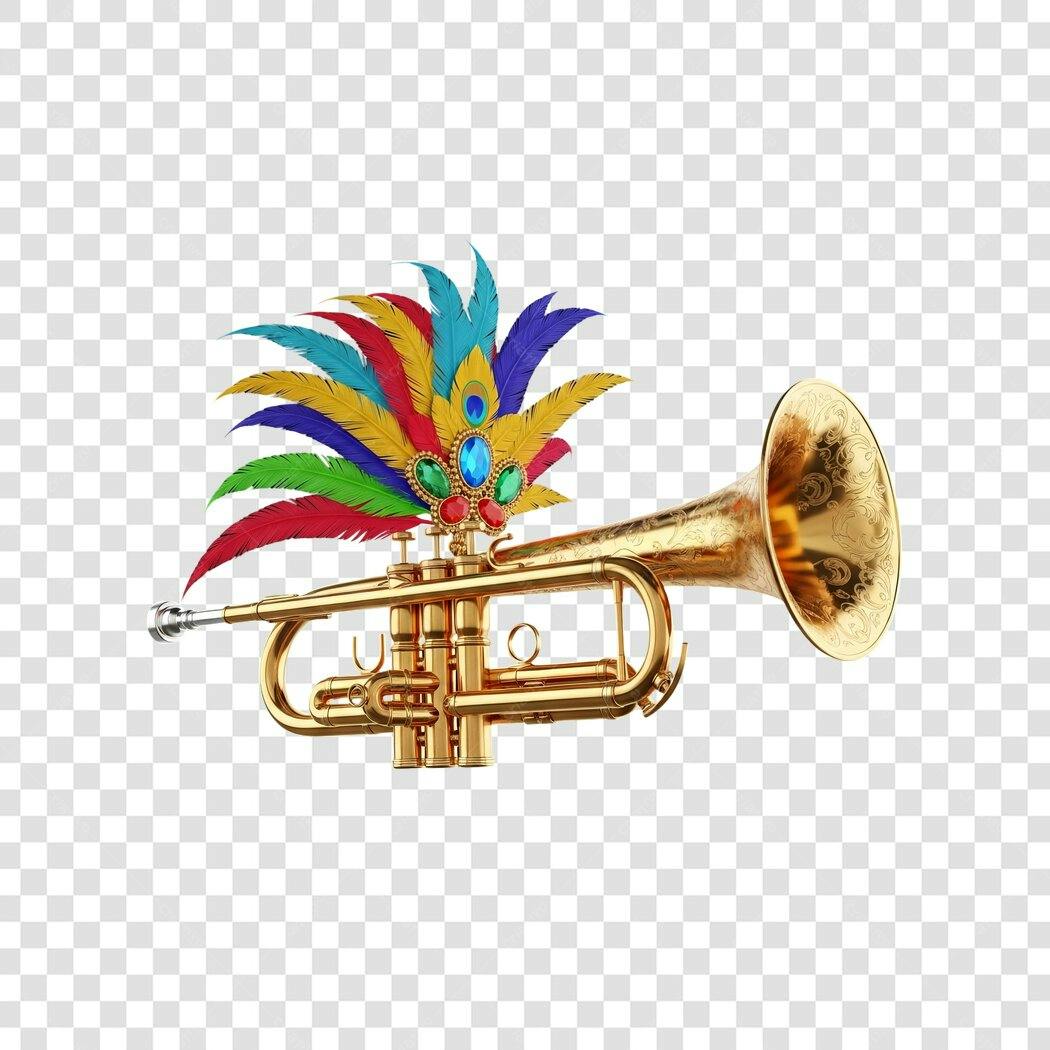 Elemento Gráfico Trompete Dourado Festa Carnaval Penas Coloridas Joias PNG com fundo transparente