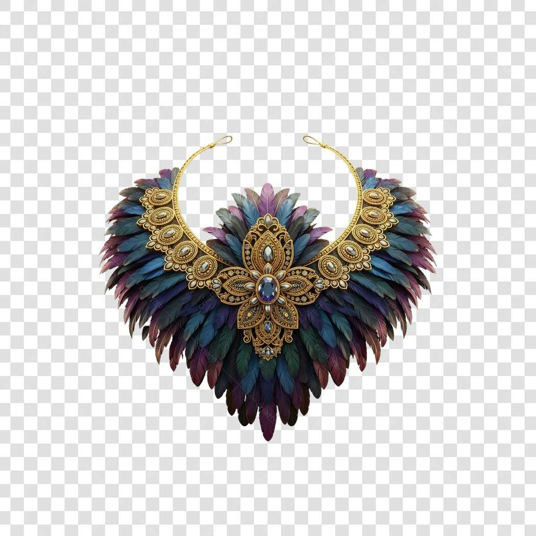 Colar étnico luxuoso de penas coloridas e ouro ornamental PNG com fundo transparente