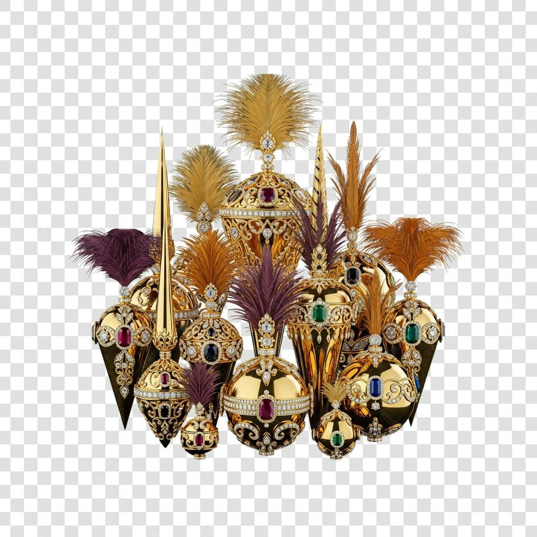 Ilustração de Luxo Barroco com Joias Douradas e Plumas Coloridas PNG com fundo transparente