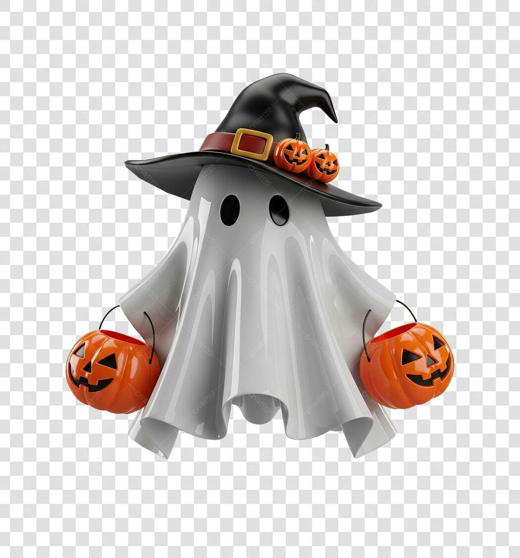 Ilustração Fantasma de Halloween com Chapéu de Bruxa e Abóboras PNG com fundo transparente