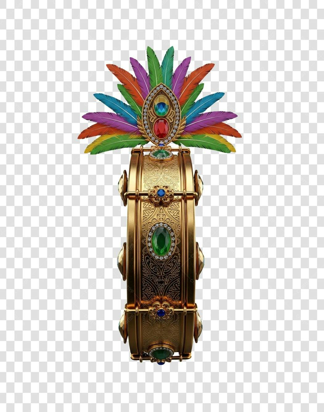 Elemento Gráfico para Carnaval Cocar Bracelete Dourado Penas PNG com fundo transparente