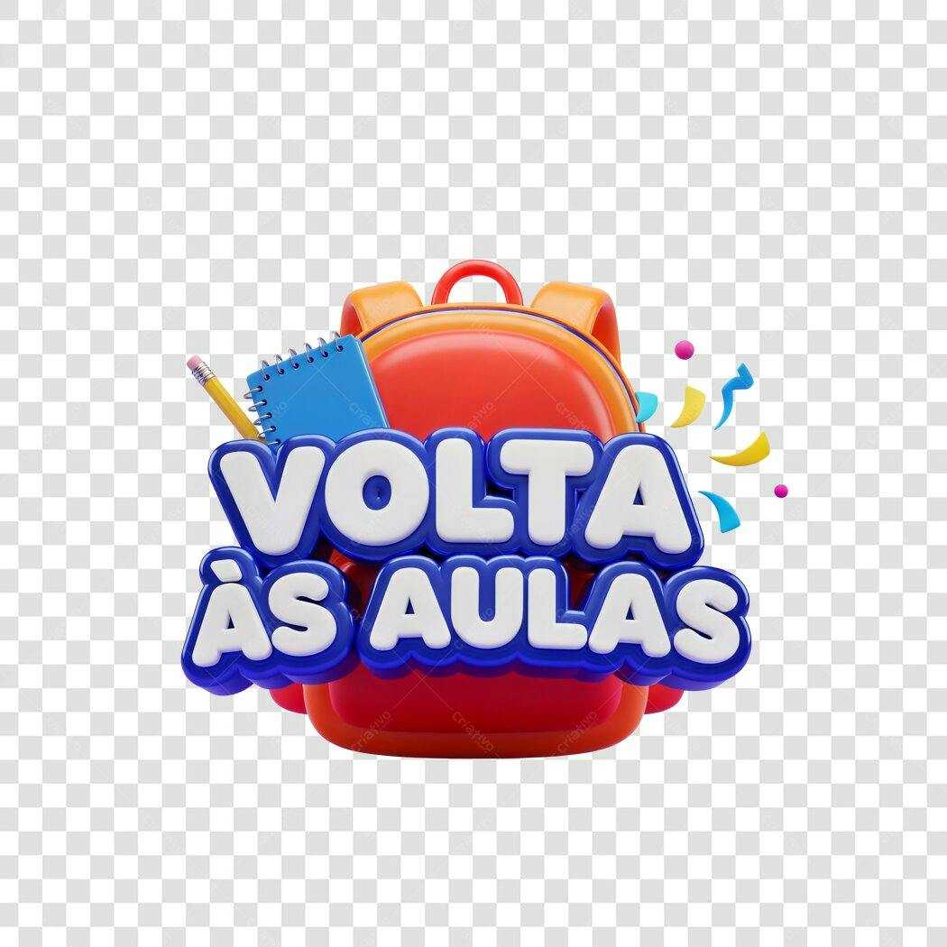 Arte para Post Volta às Aulas Mochila Caderno Lápis 3D Vermelho Azul PNG com fundo transparente