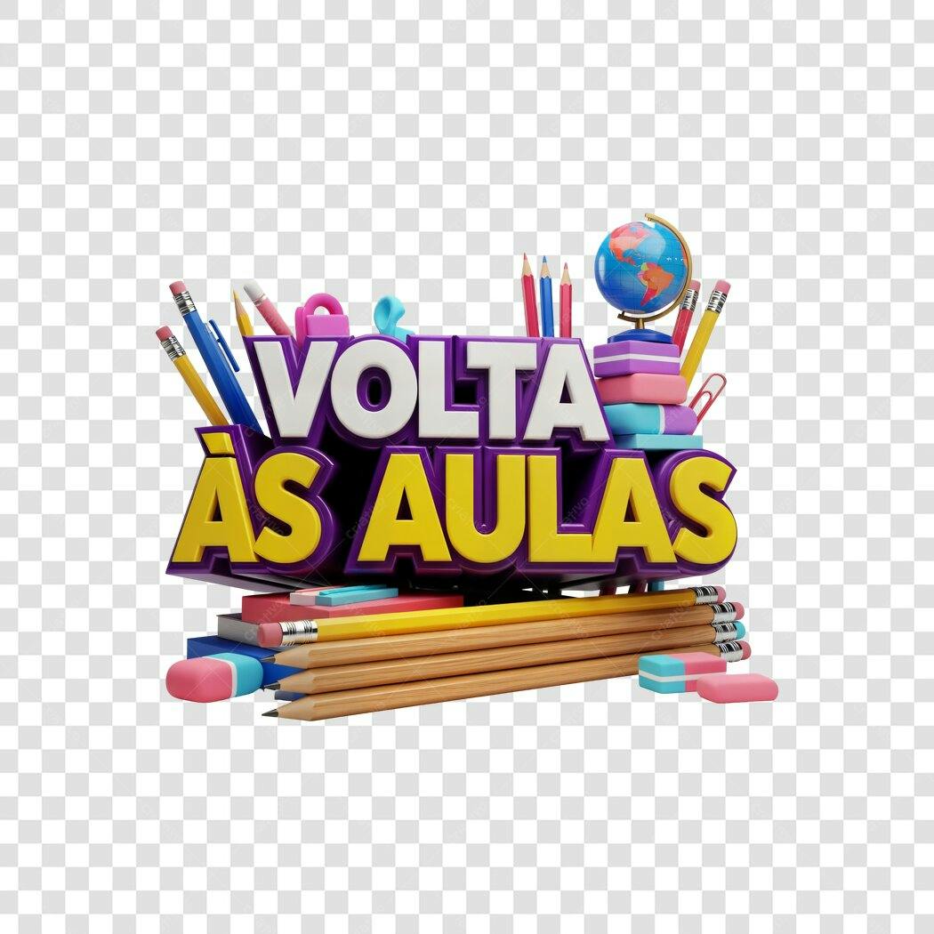 Ilustração 3D Volta às Aulas com material escolar lúdico PNG com fundo transparente