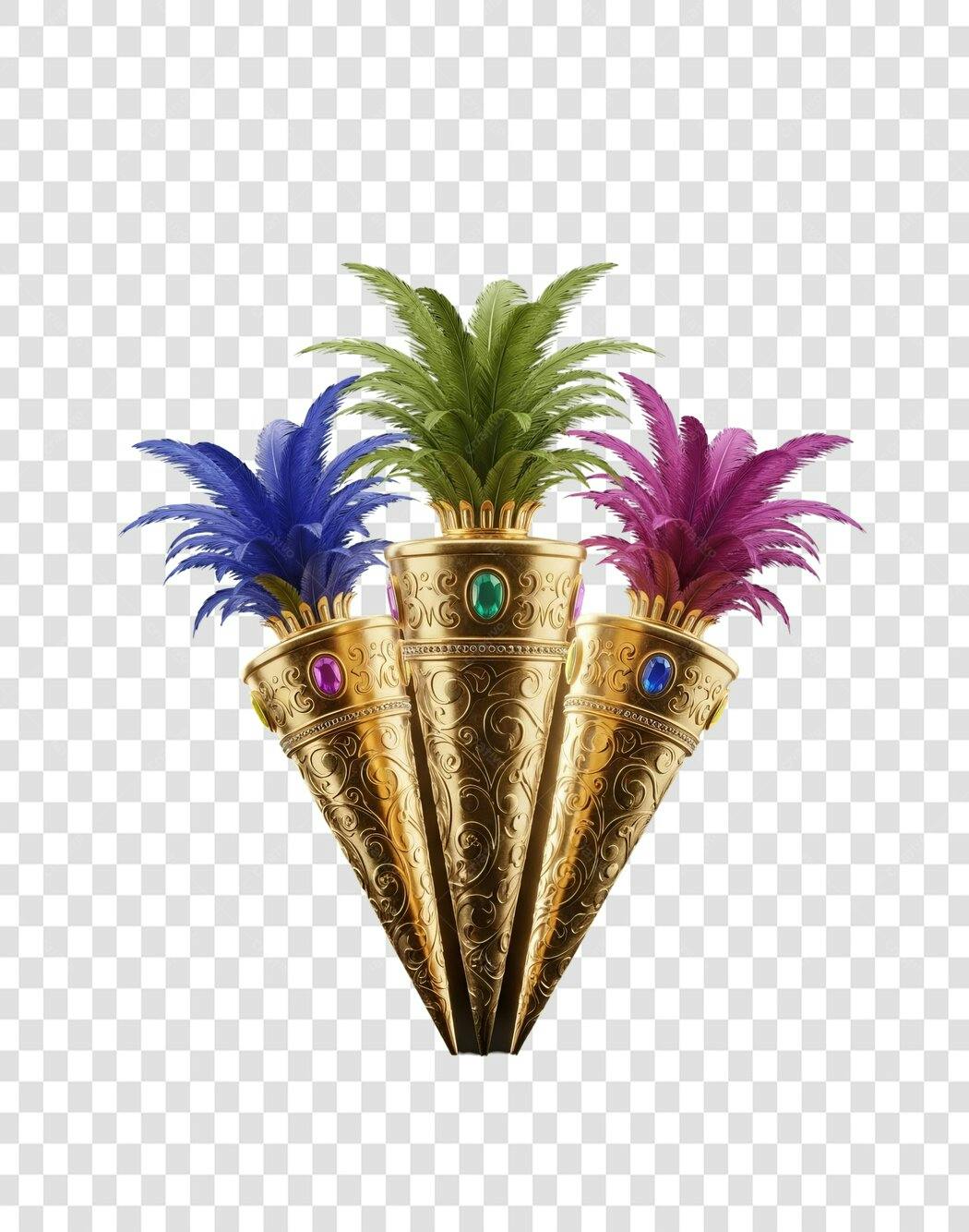 Elemento gráfico festivo cones dourados penas coloridas roxas verdes azuis PNG com fundo transparente