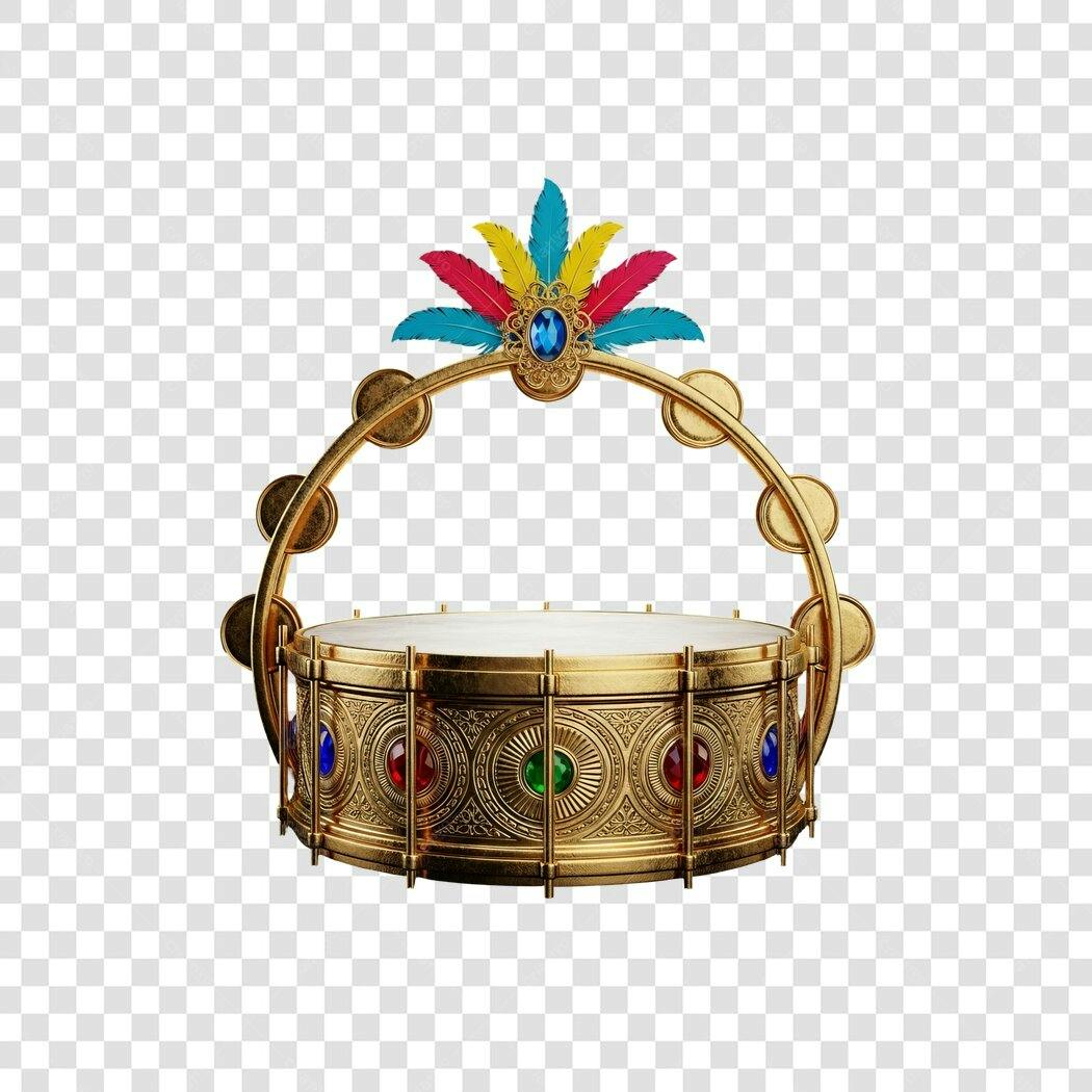 Elemento de Carnaval dourado com penas coloridas e joias PNG com fundo transparente