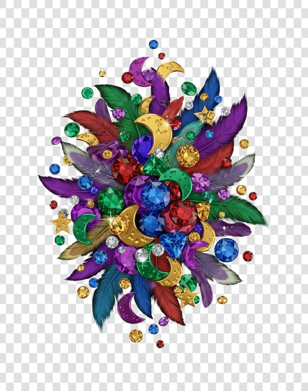 Elemento Gráfico Festivo Carnaval Pedras Preciosas Penas Luxo PNG com fundo transparente