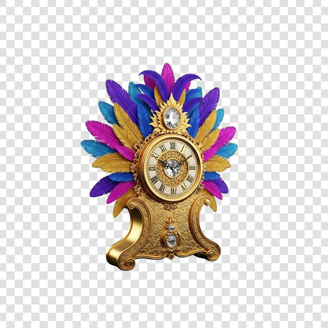 Relógio Decorativo de Carnaval Penas Douradas Roxas Azuis PNG com fundo transparente