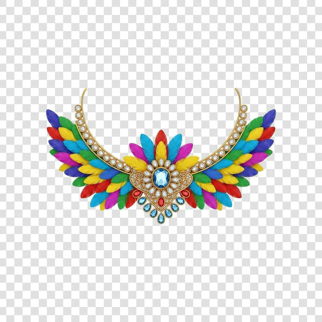 Ornamento de Carnaval com Joias e Penas Multicores PNG com fundo transparente