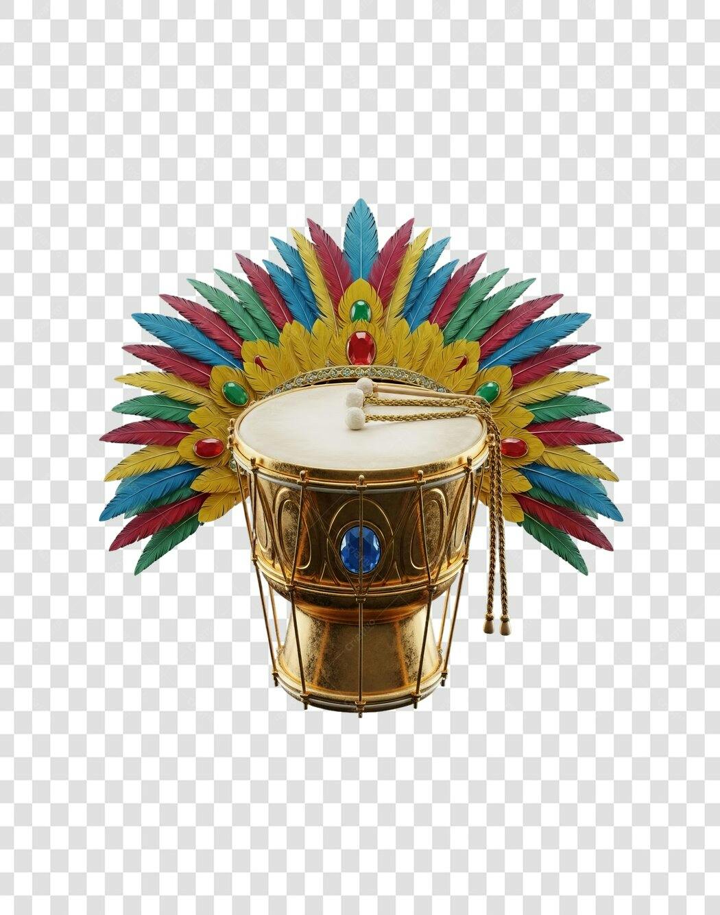 Ilustração 3D Tambor Dourado Penas Coloridas Carnaval Festa Junina PNG com fundo transparente