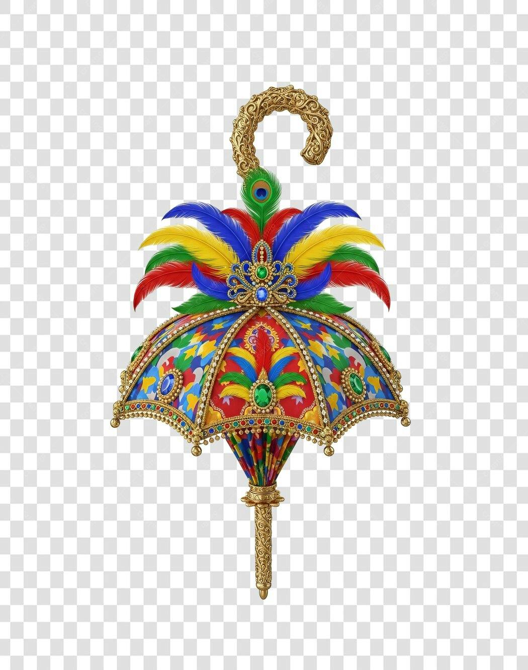 Guarda-chuva decorado estilo indiano penas coloridas joias douradas PNG com fundo transparente