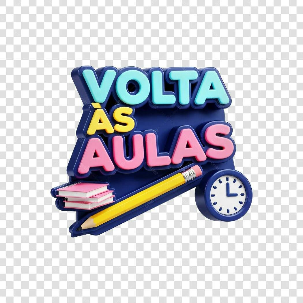 Selo Volta às Aulas 3D com lápis livros relógio PNG com fundo transparente