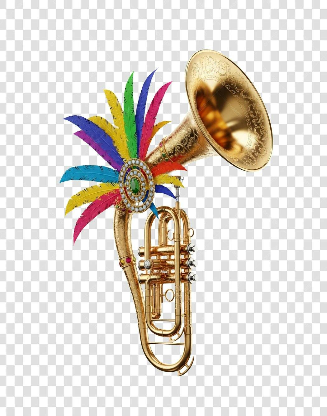 Ilustração Carnaval Trompete Dourado Penas Joias Coloridas PNG com fundo transparente