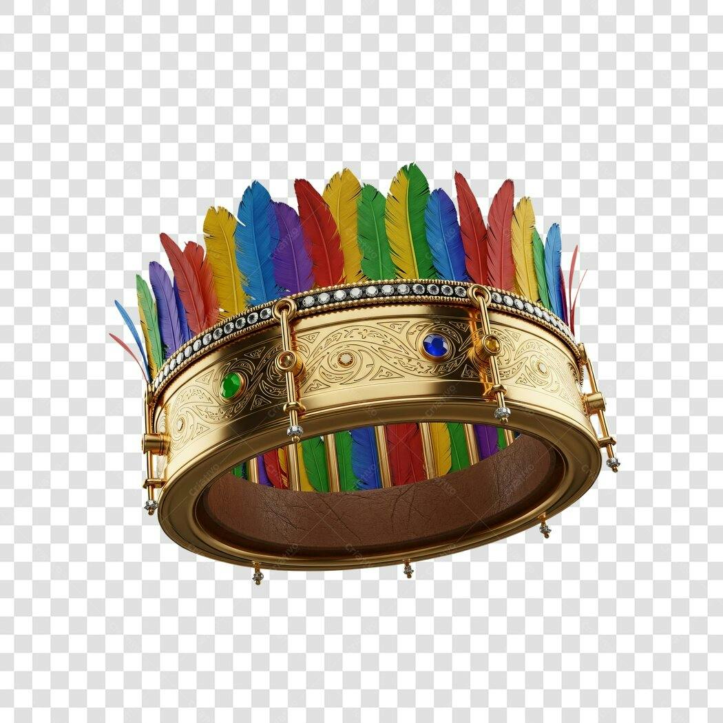 Adereço de Carnaval Dourado Penas Coloridas PNG com fundo transparente