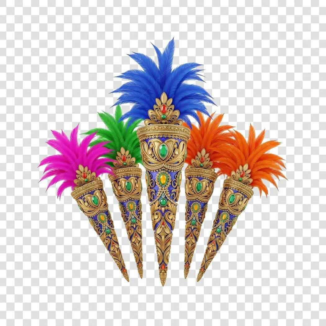 Elemento Gráfico Carnaval Luxuoso Tochas com Penas e Joias PNG com fundo transparente