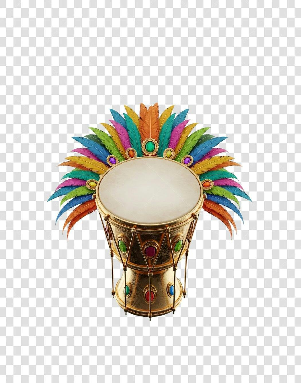 Elemento Gráfico Tambor de Carnaval Dourado Penas Coloridas PNG com fundo transparente