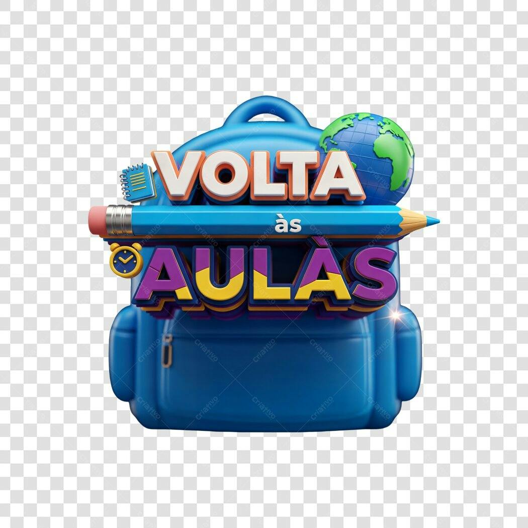 Elemento Gráfico 3D Volta às Aulas mochila azul lápis globo PNG com fundo transparente