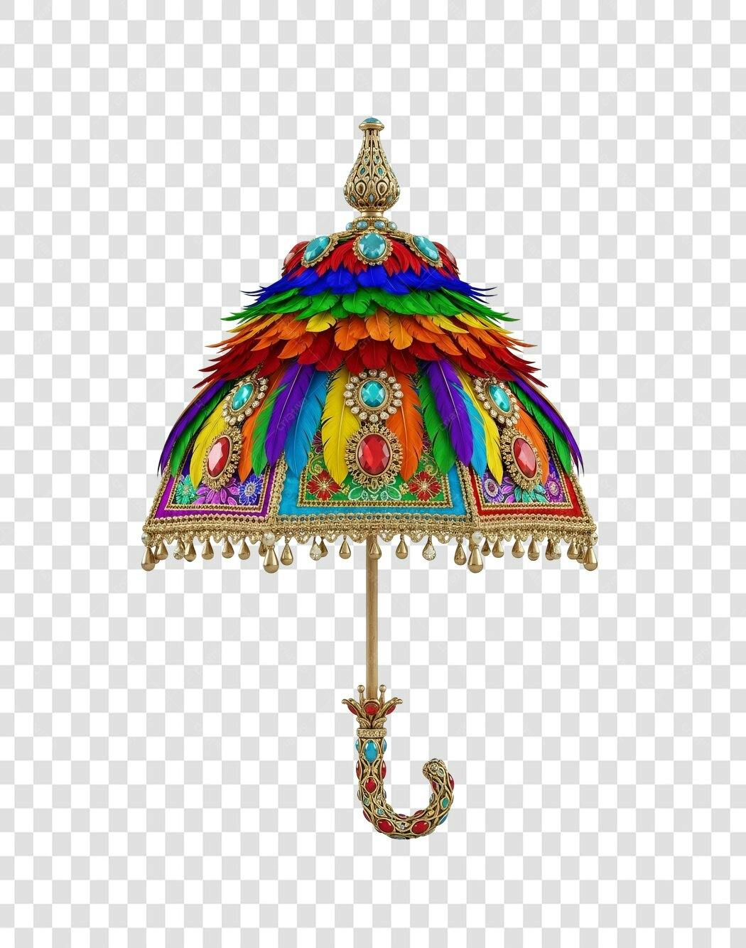 Guarda-chuva decorativo indiano festivo colorido penas joias douradas PNG com fundo transparente