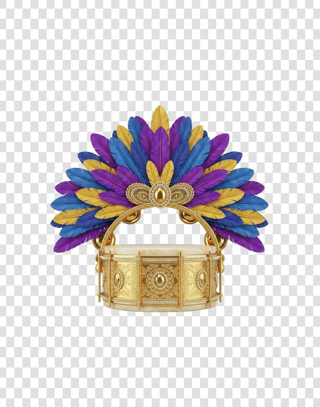 Display de produto festivo Carnaval Brasil penas azuis roxas douradas PNG com fundo transparente