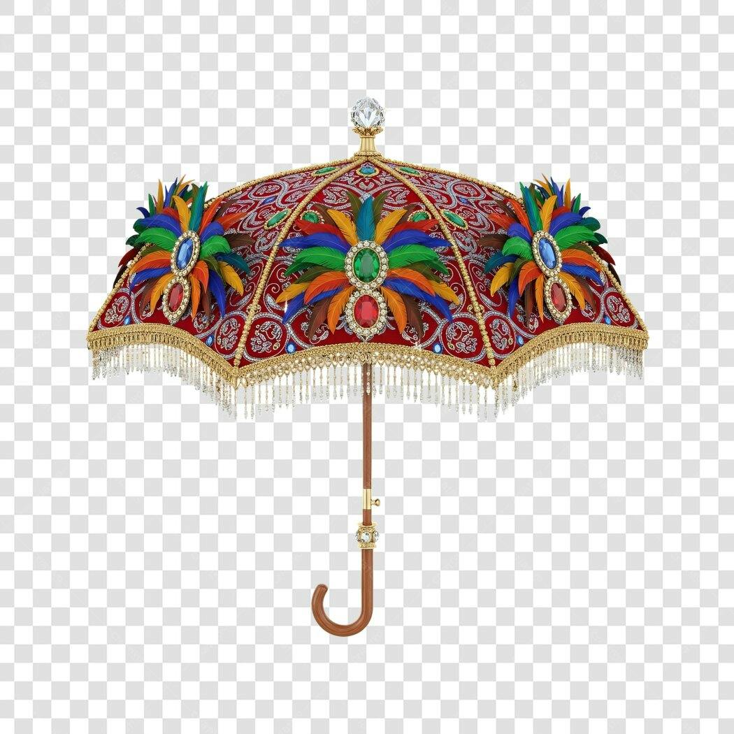 Guarda-chuva decorativo luxuoso com penas e joias PNG com fundo transparente