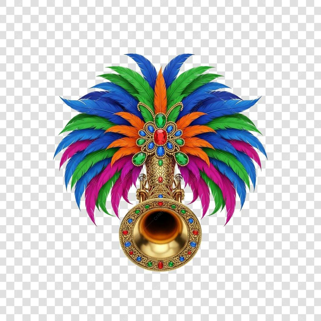 Elemento Carnaval trombeta dourada penas coloridas joias PNG com fundo transparente