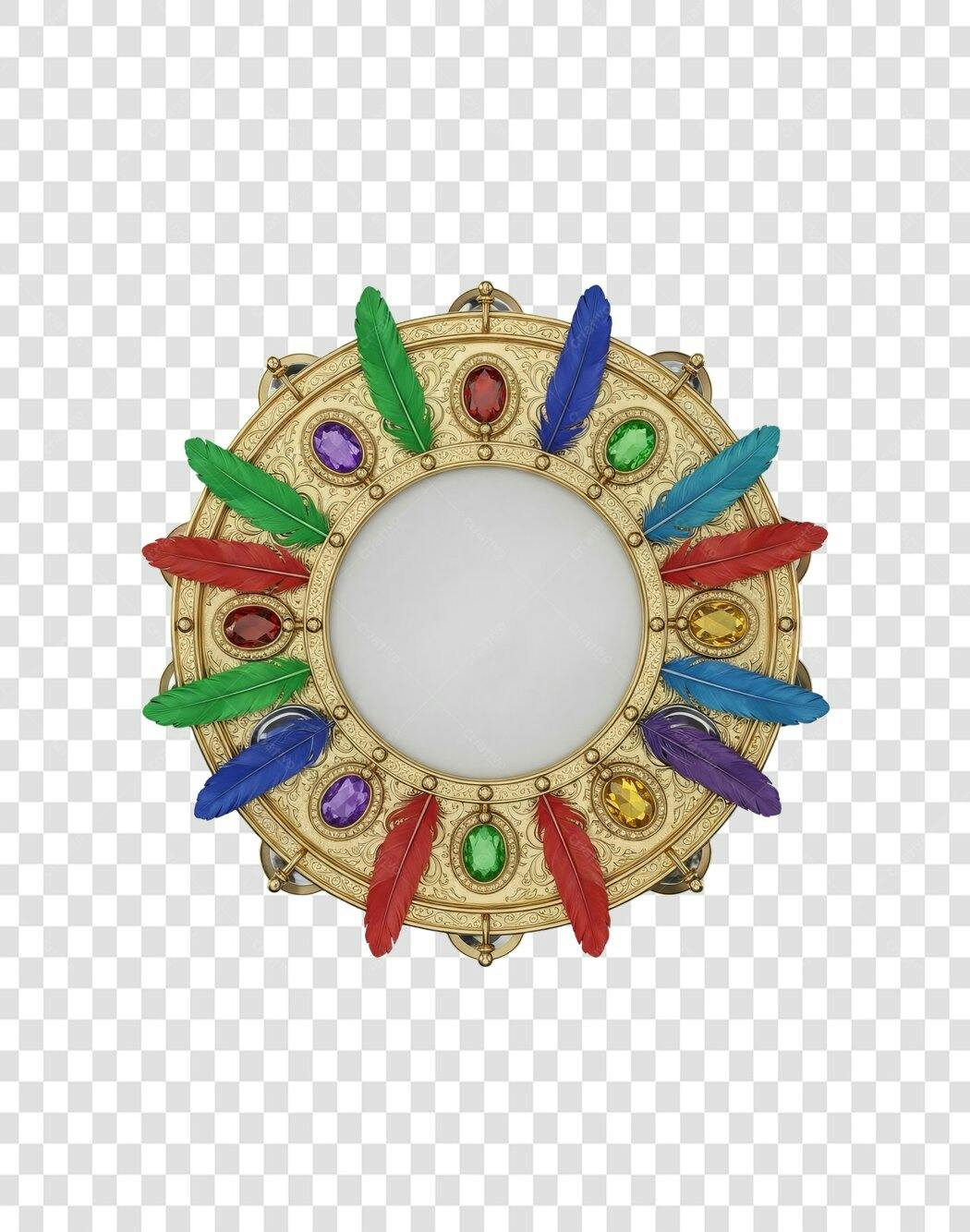 Moldura Circular Dourada Penas e Joias Coloridas PNG com fundo transparente