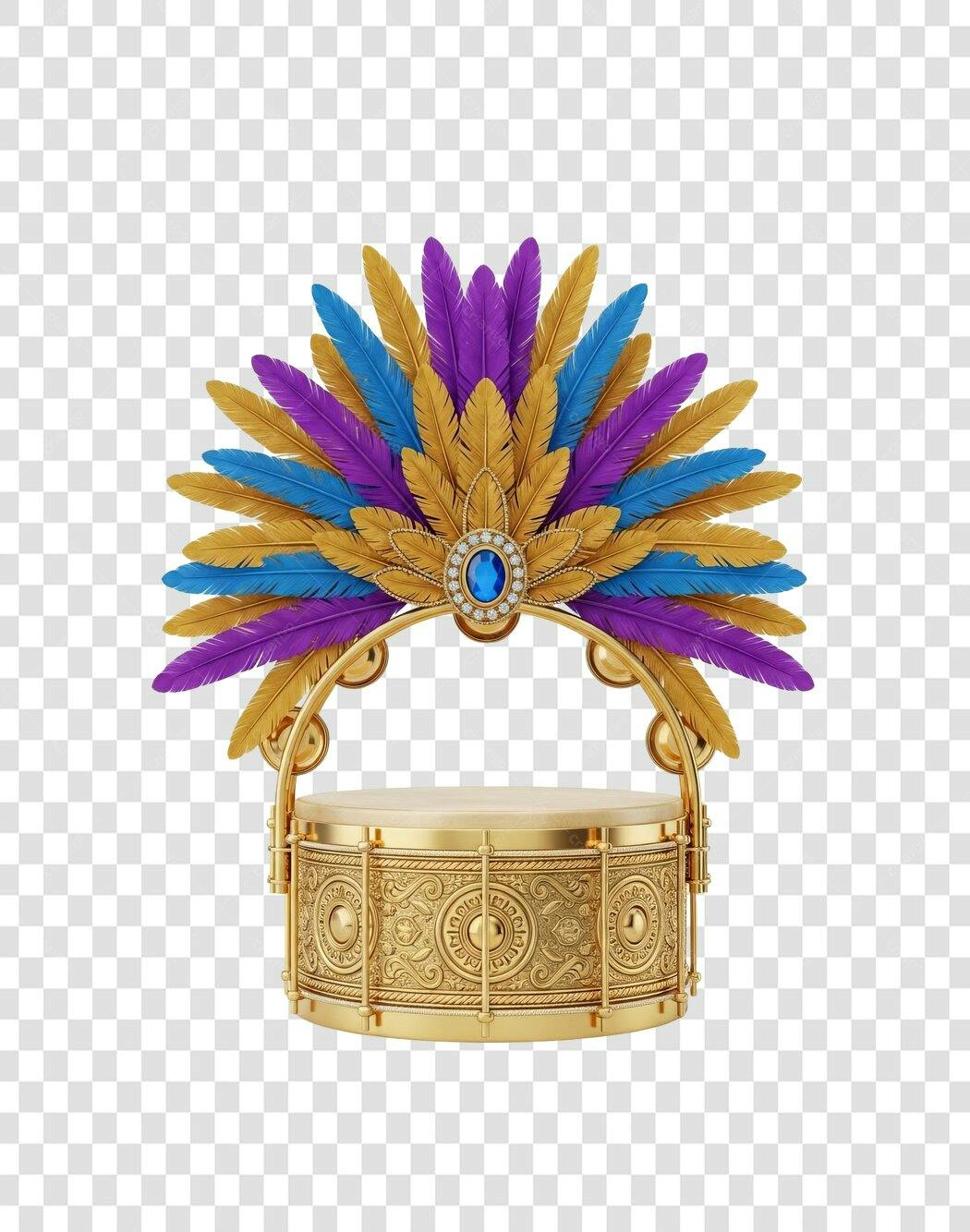 Stand para Carnaval Tambor Dourado Penas Azuis Roxas PNG com fundo transparente