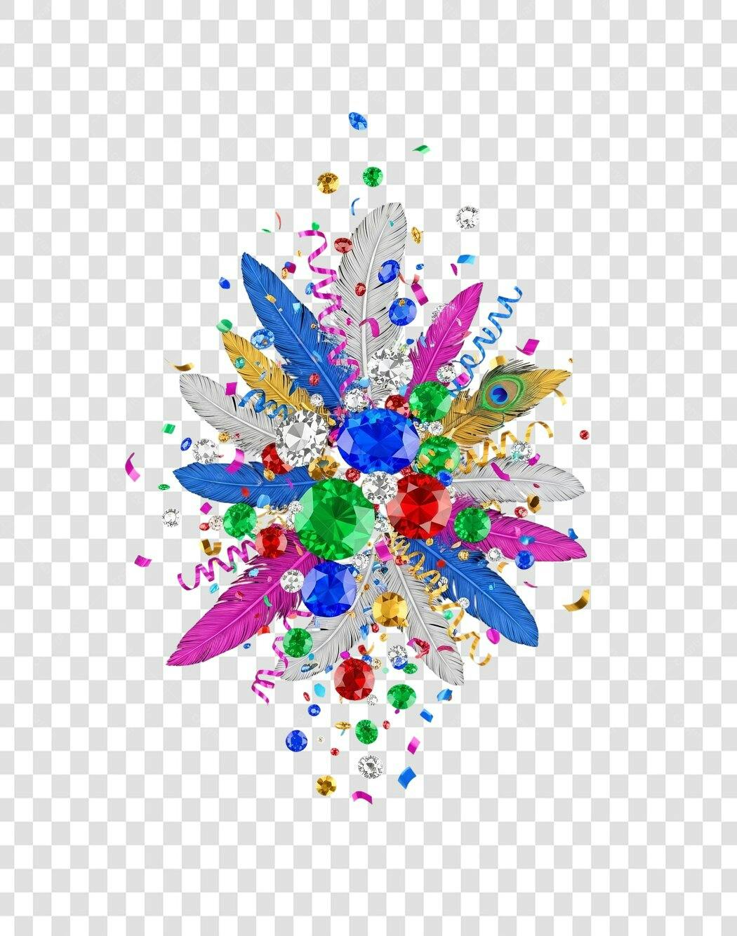 Composição de Festa Penas Joias Confete Colorido PNG com fundo transparente