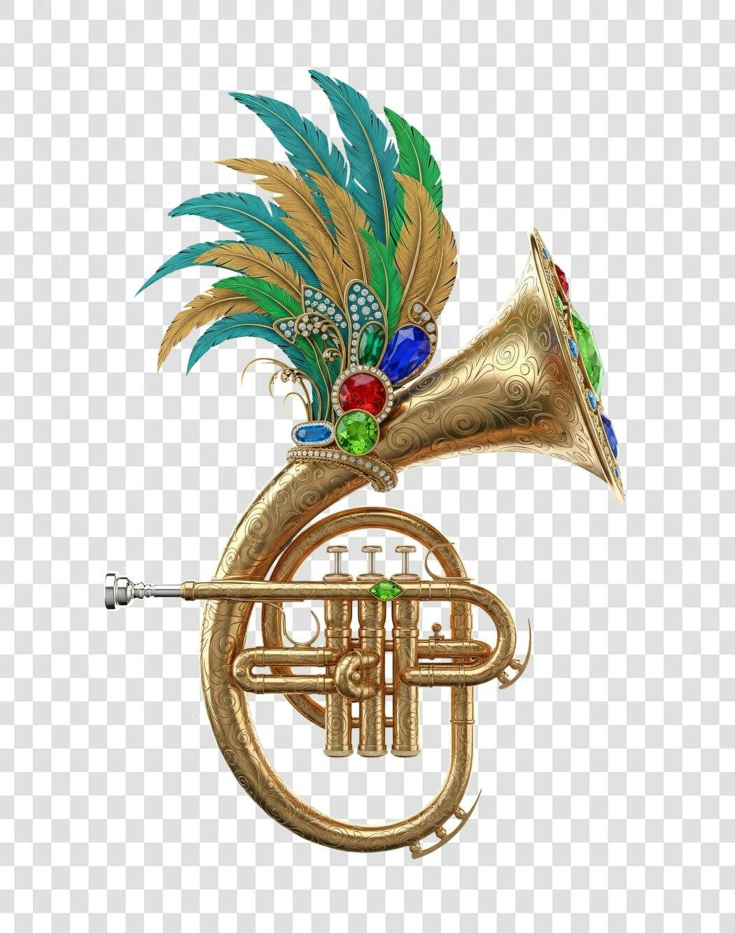 Gráfico de Carnaval Trompa Francesa Dourada Penas Joias PNG com fundo transparente