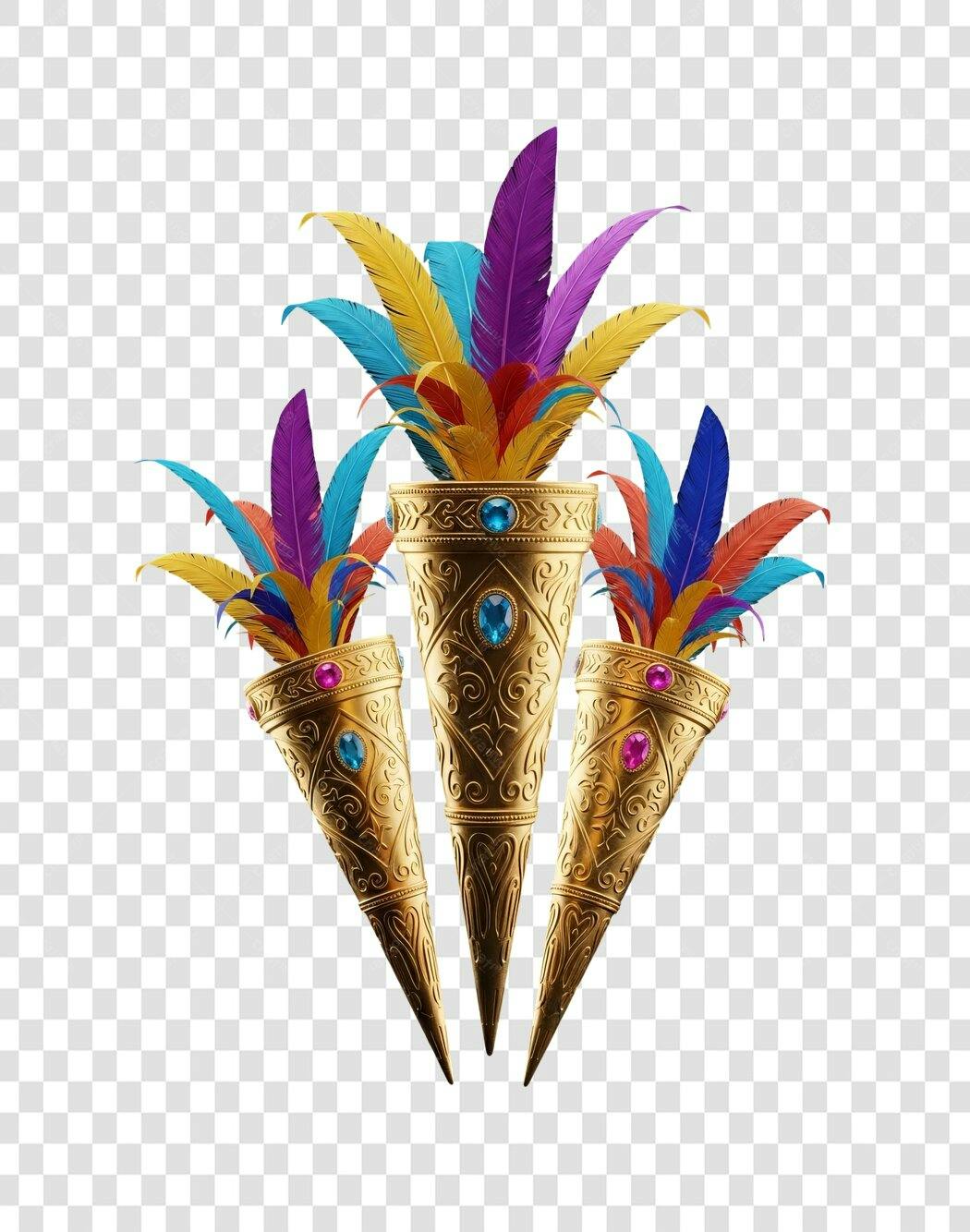 Elemento Decorativo Carnaval Festas Dourado Penas Coloridas PNG com fundo transparente
