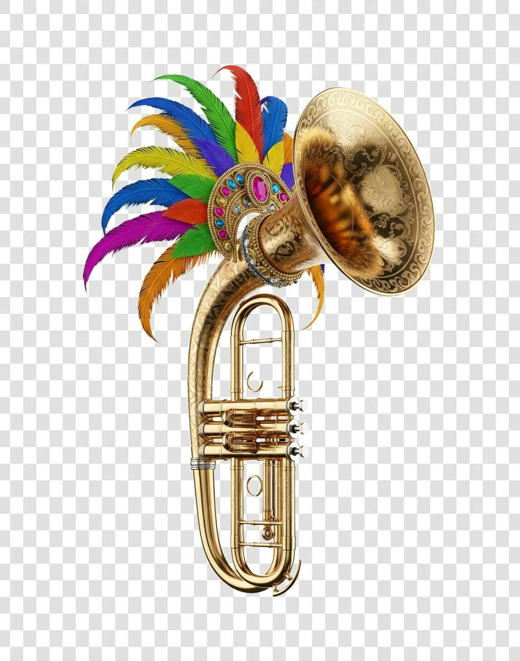 Ilustração de Carnaval trombeta dourada penas coloridas joias PNG com fundo transparente